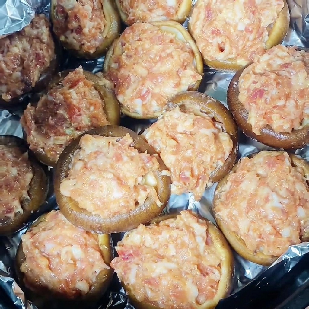 Nahaufnahme der gefüllten Pilzköpfe, ordentlich im Korb einer Heißluftfritteuse arrangiert.