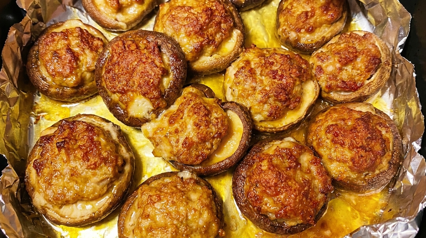 Goldbraune, in der Heißluftfritteuse zubereitete gefüllte Champignons.