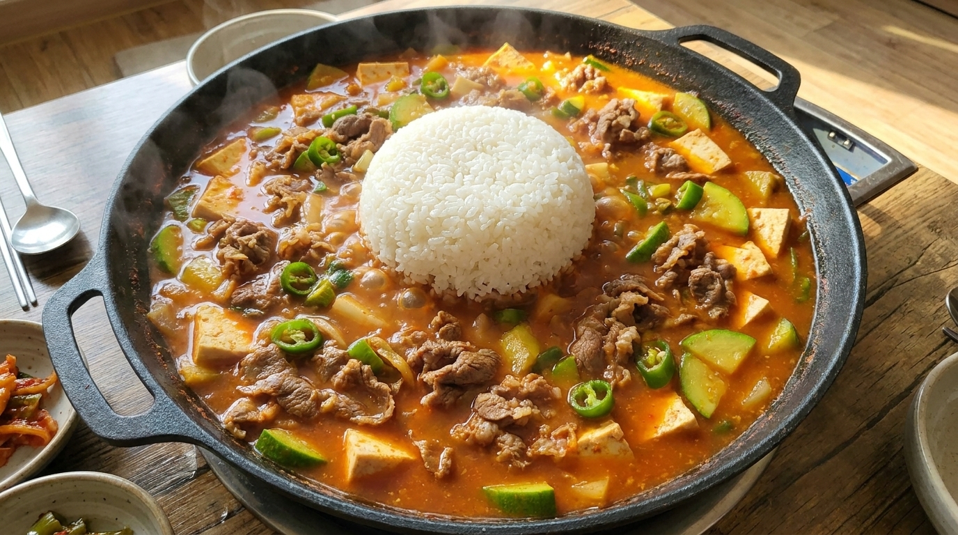 Korean Doenjang Jjigae mit Rindfleisch und Reis