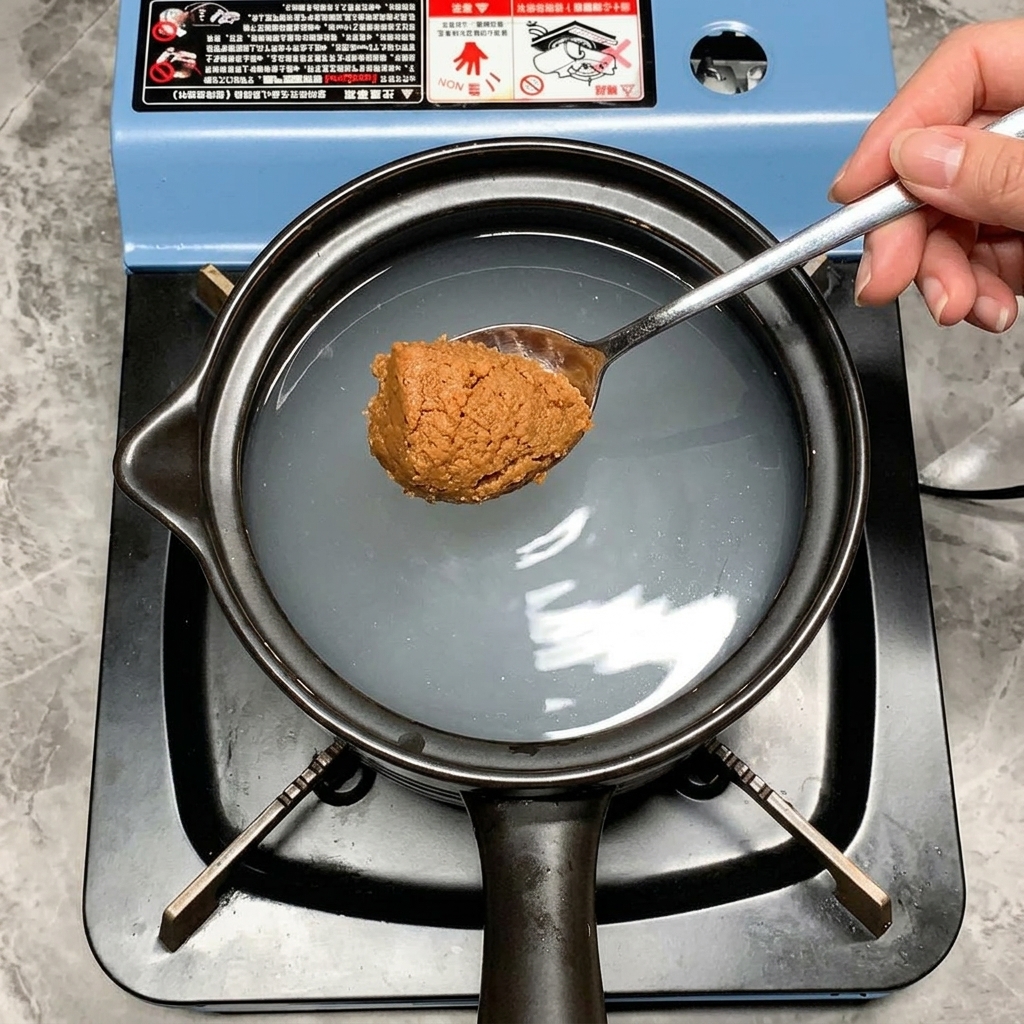 Ein Löffel braune Sojabohnenpaste über einem Topf mit milchigem Reiswasser.