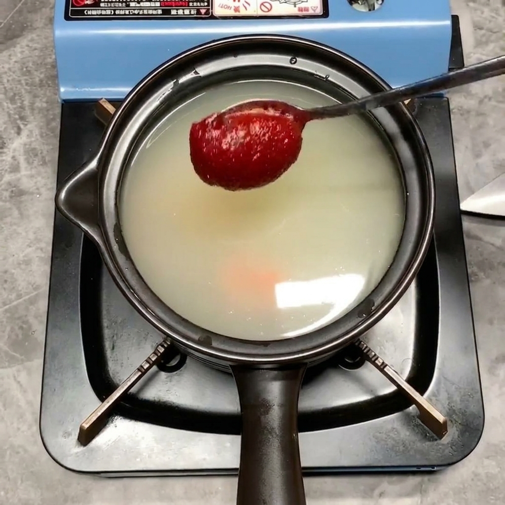 Ein Löffel mit roter Chilipaste wird in den Topf gegeben.