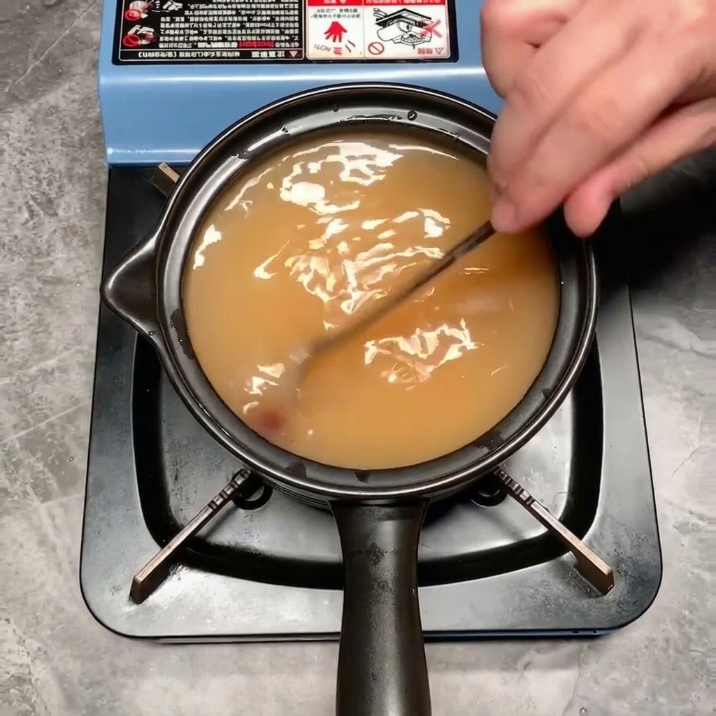 Mit einem Löffel wird die Flüssigkeit zu einem orangefarbenen, glatten Sud verrührt.