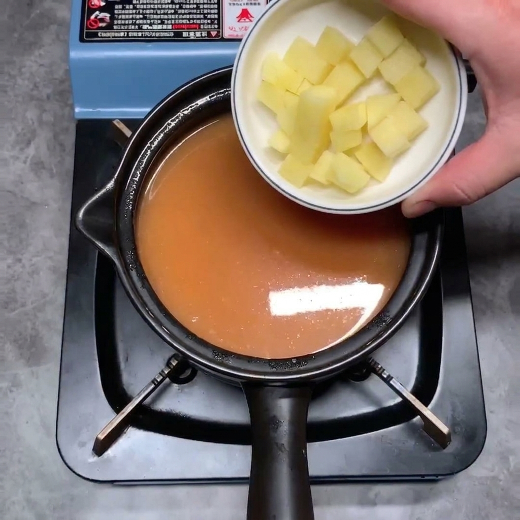 Gewürfelte Kartoffeln fallen in den siedenden, orangefarbenen Eintopf.