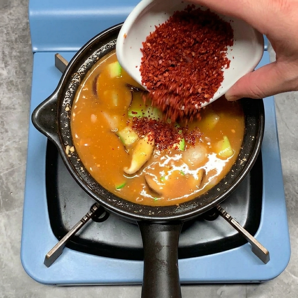 Chilipulver wird über den Eintopf gestreut.