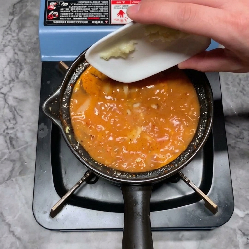 Gehackter Knoblauch wird in den Eintopf gegeben.