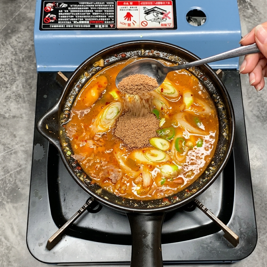 Rindergewürz wird in die köchelnde Suppe eingerührt.
