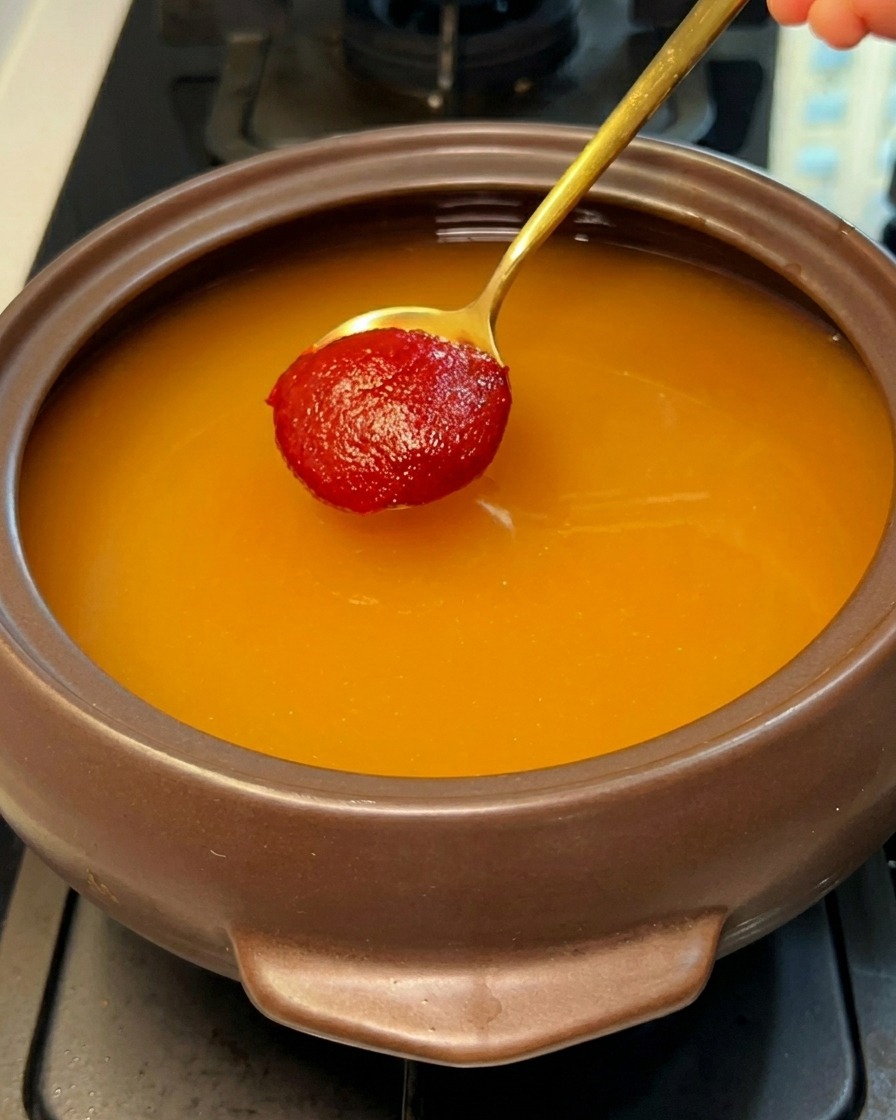 Leuchtend rote koreanische Chilipaste wird in die Brühe gerührt, wodurch sie eine tiefrote Farbe annimmt.