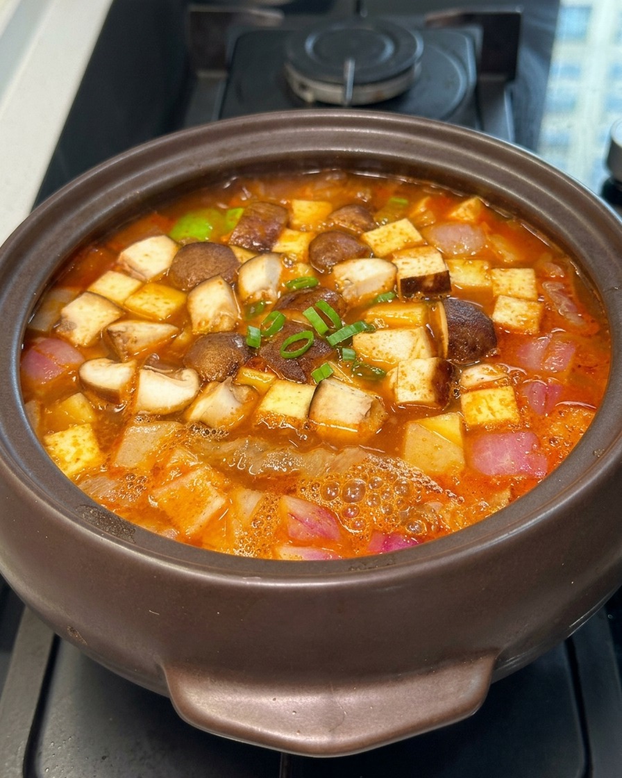 Ein köchelnder Steintopf gefüllt mit scharfer roter Brühe, gewürfeltem Tofu, Shiitake-Pilzen und gehackten Zwiebeln.