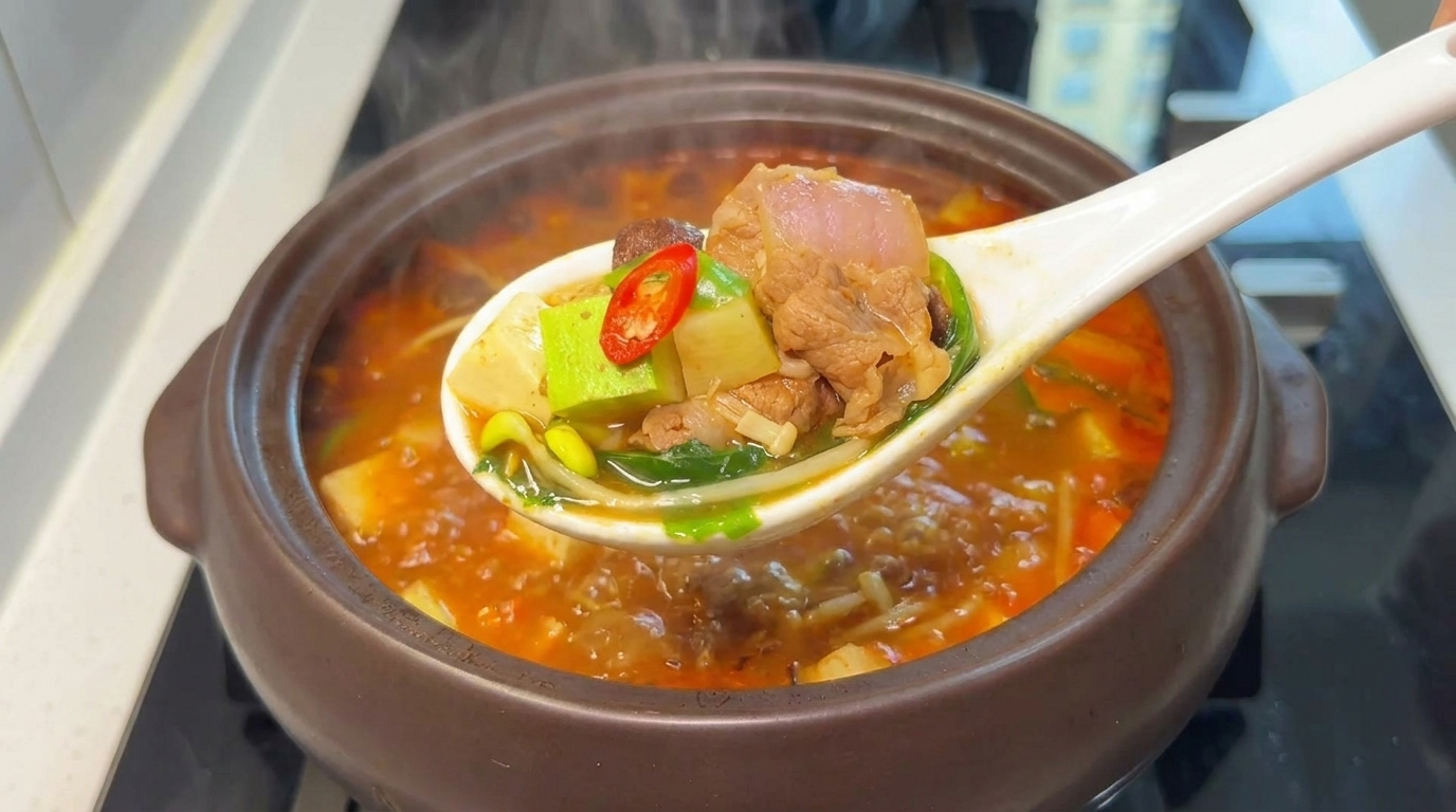 Ein Löffel herzhaftes Doenjang Jjigae – reichhaltige Sojabohnenbrühe, zartes Rindfleisch, Tofu und frisches Gemüse.