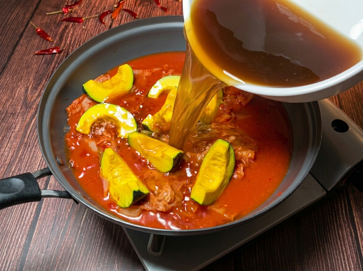Goldene Brühe wird in eine Pfanne mit Kimchi und Stücken von gelbem Kabocha-Kürbis gegossen.