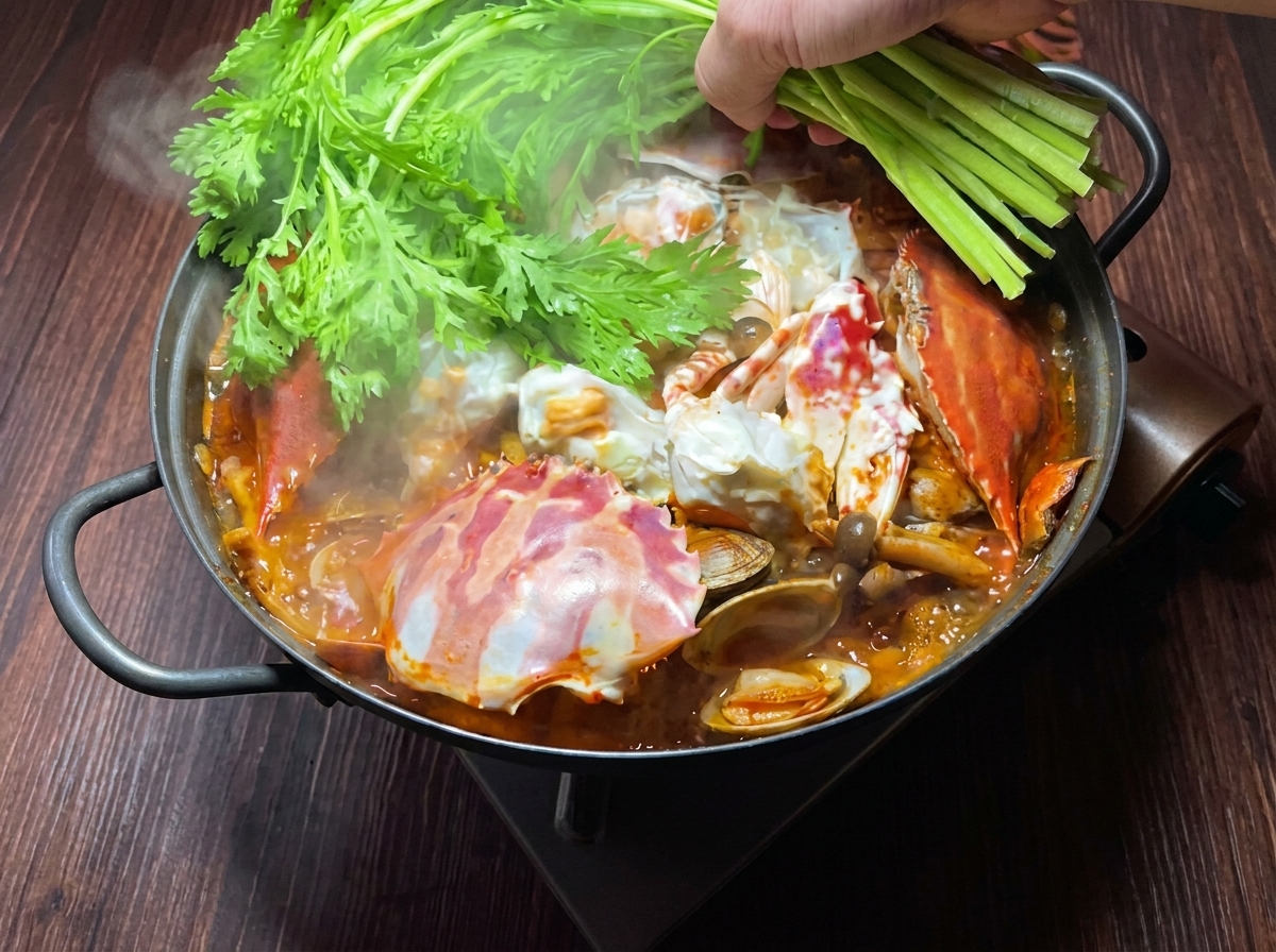 Frische Kronenwucherblumen-Grün und Frühlingszwiebeln werden als Garnitur auf den fertigen Krabben-Kimchi-Eintopf gegeben.