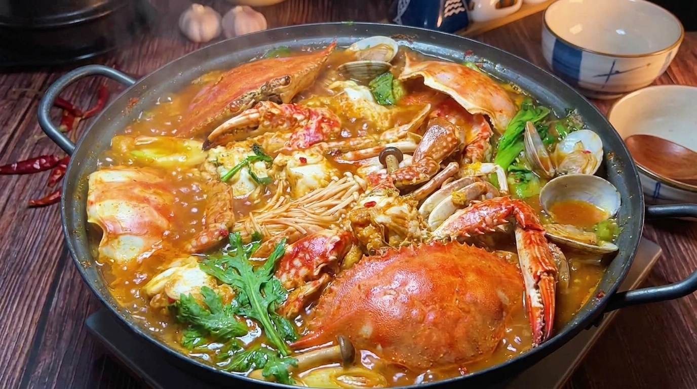 Ein sprudelnder Topf koreanischer Kimchi-Krabbensuppe mit frischen Muscheln, Pilzen und knackigem Blattgemüse.