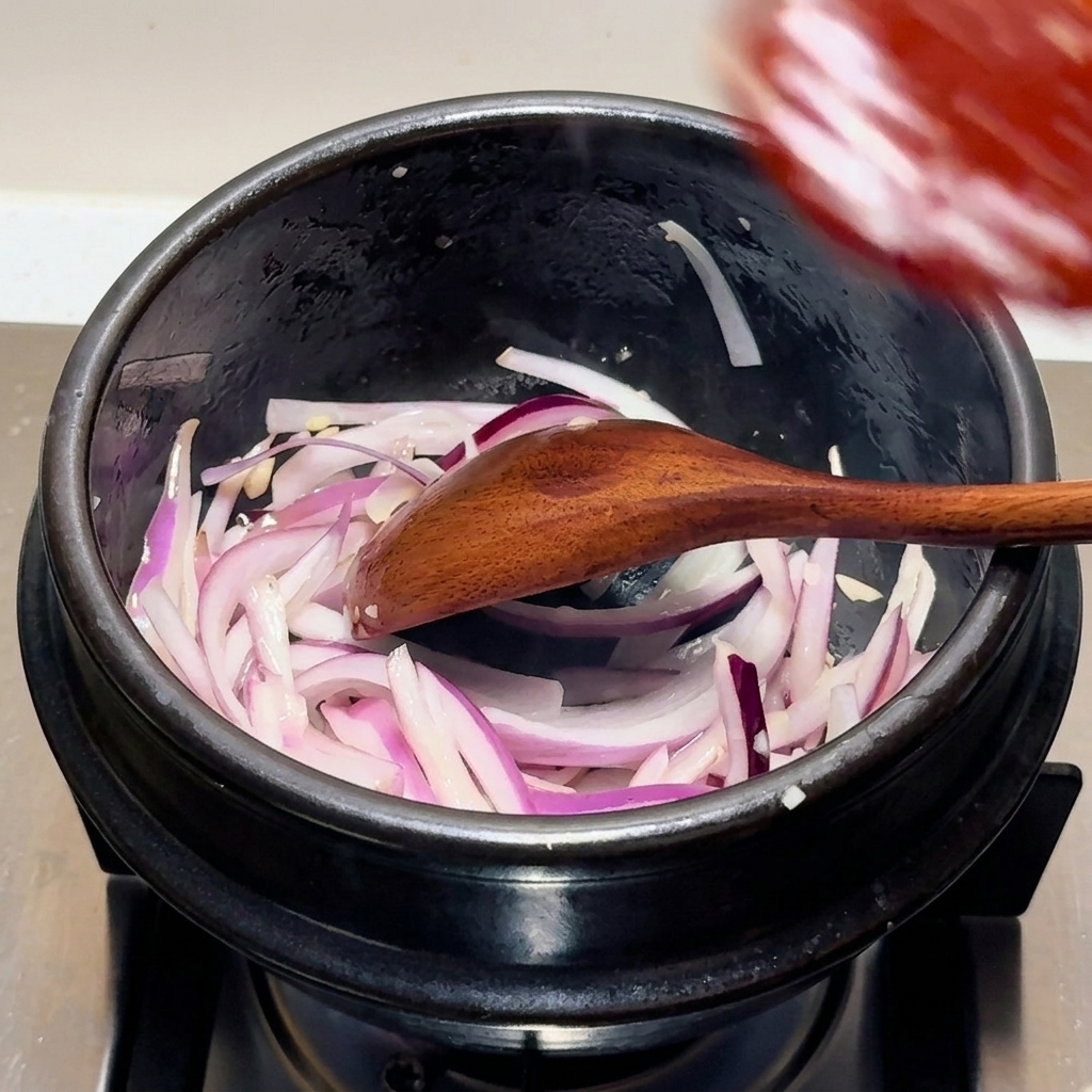 Eine dunkelrote Sauce wird zu den Zwiebeln in den Tontopf gegeben und mit einem Holzlöffel vermischt.