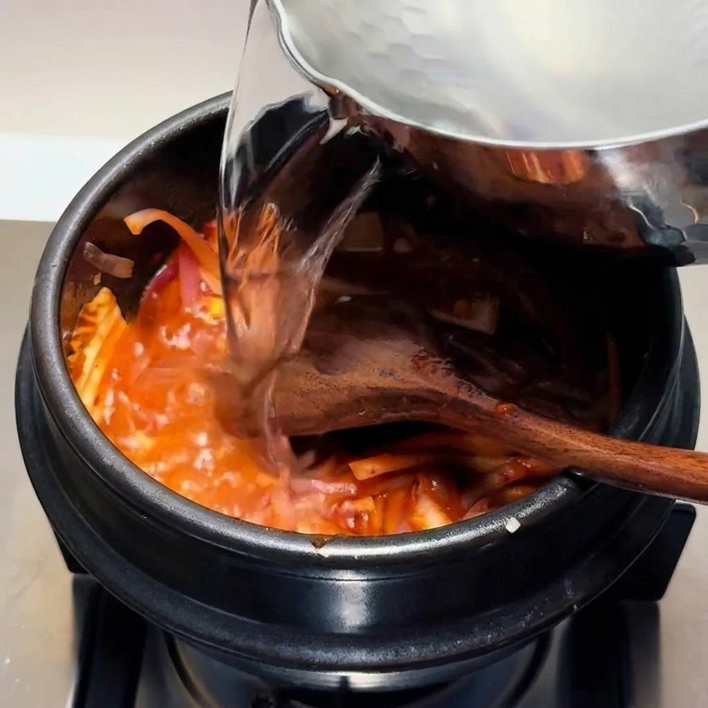 Heißes Wasser wird aus einer Metallkanne in den Topf mit der roten Kimchi-Basis gegossen.