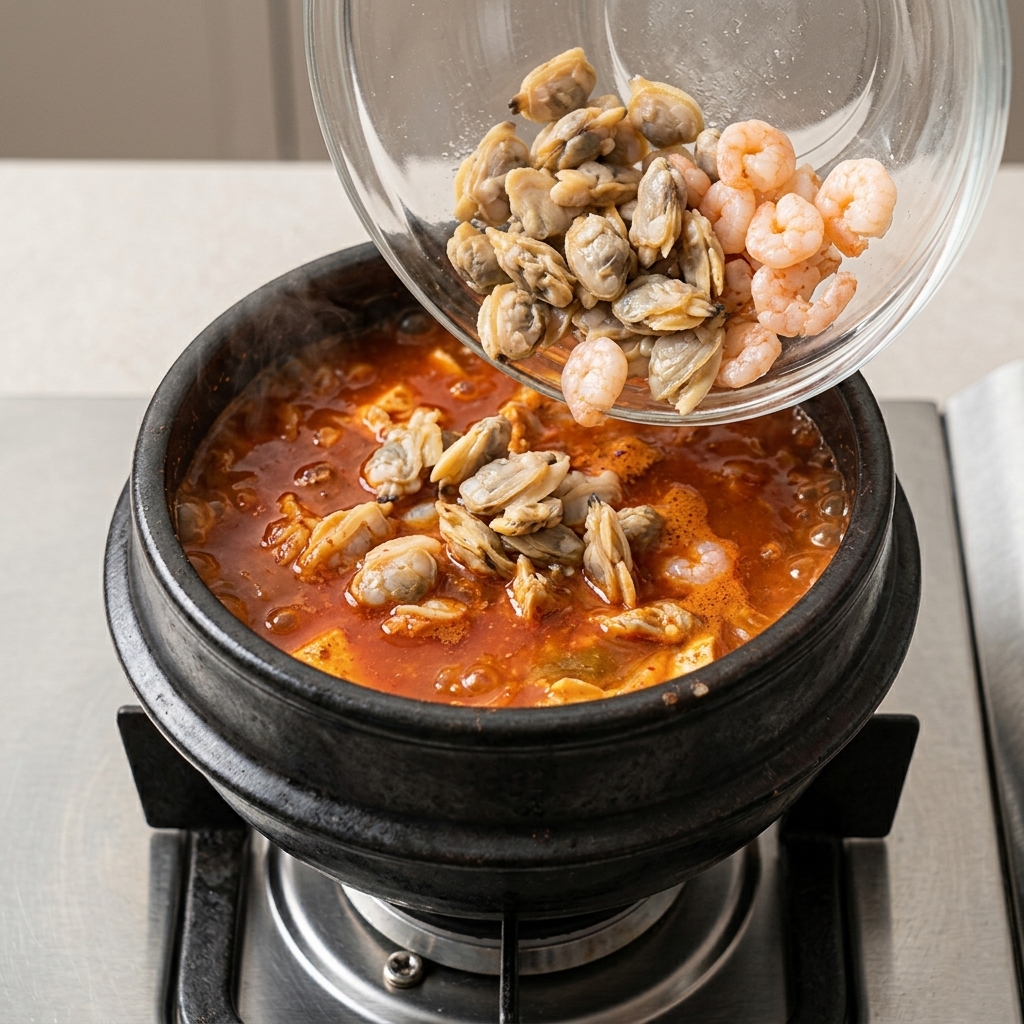Rohe Garnelen und Muschelfleisch werden aus einer Glasschüssel in den kochenden roten Kimchi-Eintopf gegeben.