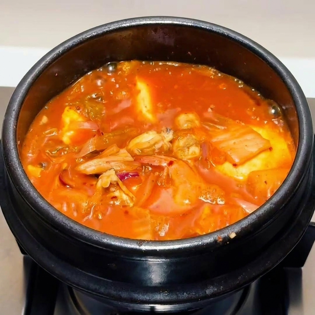 Der fertige, sprudelnde Kimchi-Eintopf, garniert mit frischen, gehackten grünen Frühlingszwiebeln.
