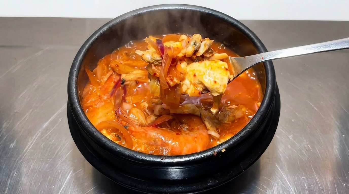 Würziger Kimchi-Eintopf mit Meeresfrüchten (Kimchi-jjigae)