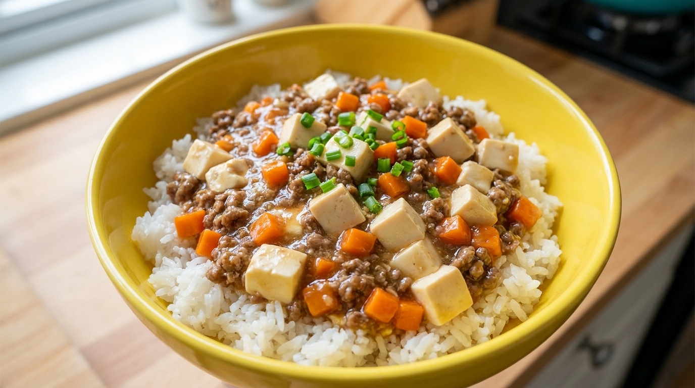 Eine herzhafte Schale mit fluffigem weißem Reis, garniert mit einem würzigen Eintopf aus Rinderhack, Tofu und Karotten sowie frischen grünen Frühlingszwiebeln.