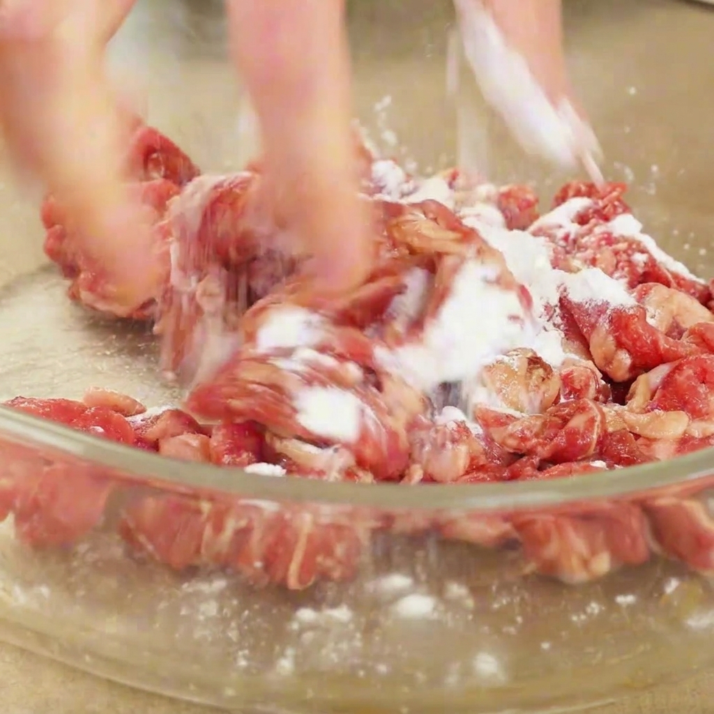 Hände beim Mischen von Rindfleisch mit Stärke und Flüssigwürze.