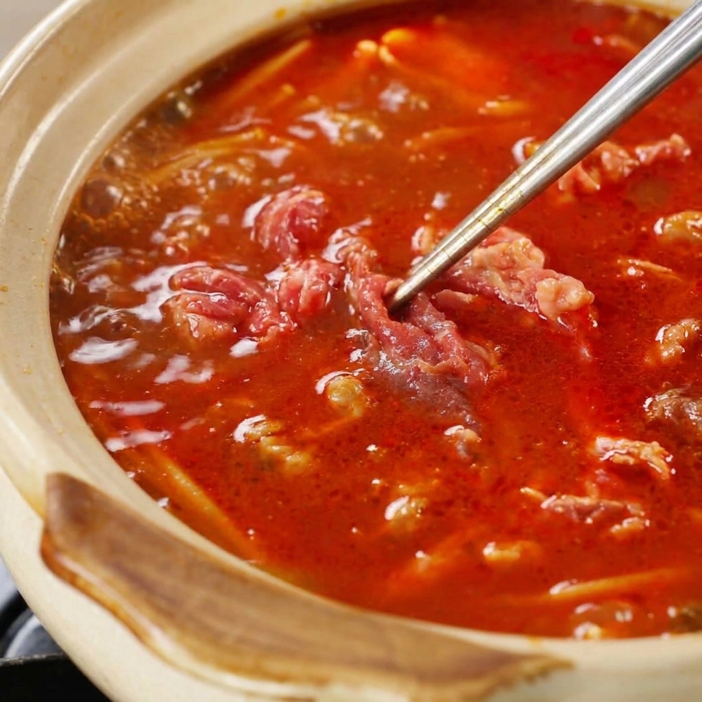 Mariniertes Rindfleisch wird mit einer Zange in die sprudelnde Suppe getaucht.