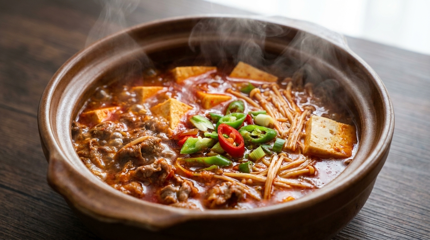 Würziger Rindfleisch-Tofu-Eintopf aus dem Tontopf