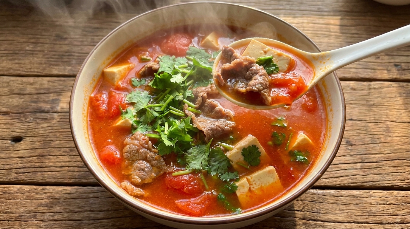 Tomaten-Rindfleisch-Suppe mit Seidentofu