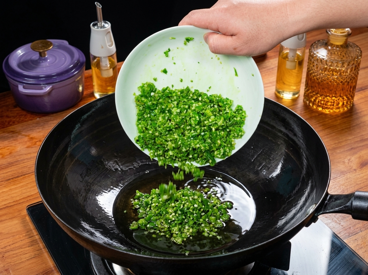 Die gehackte Mischung aus grünen Chilis und Sichuan-Pfeffer zischt in heißem Öl in einem schwarzen Wok.