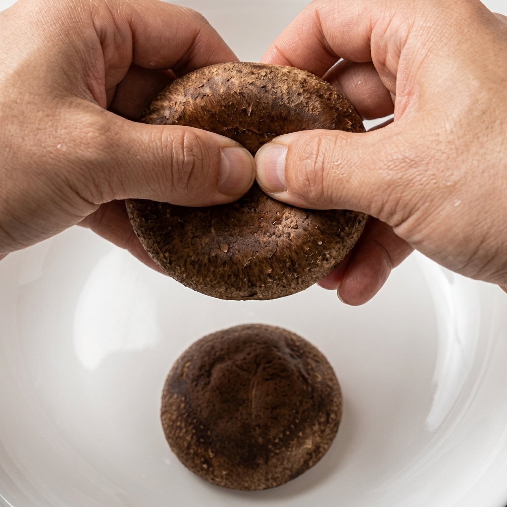 Nahaufnahme von Händen, die einen frischen Shiitake-Pilz über einer weißen Schüssel in Hälften zerteilen.