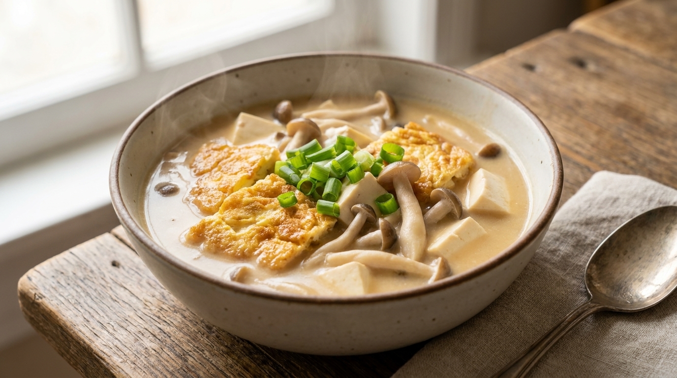 Herzhafte Goldene Ei-, Pilz- und Tofu-Suppe