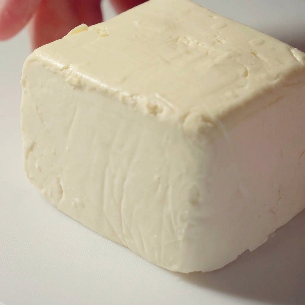 Ein Block weißer Tofu, der auf einem Schneidebrett in Dreiecke geschnitten wird.
