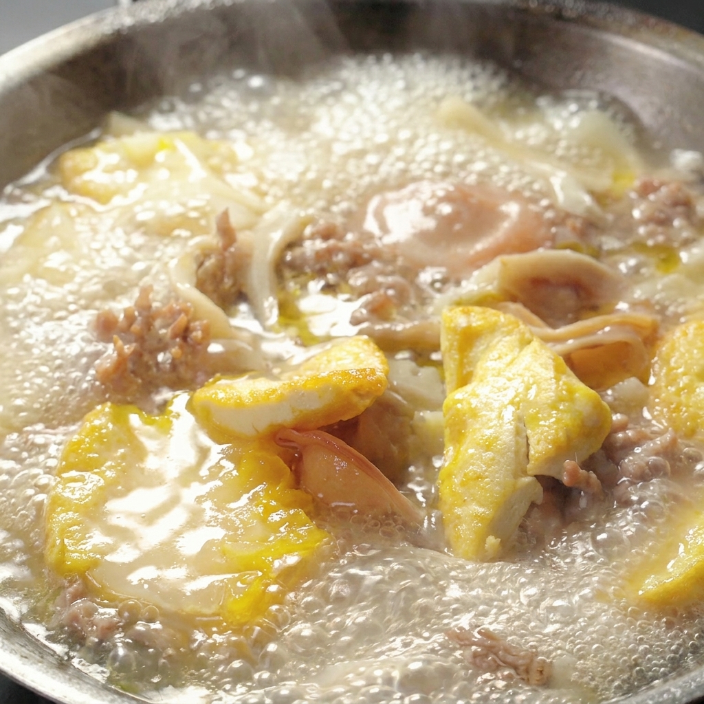 Gebratene Tofu-Dreiecke, die in einen Topf mit köchelnder Pilzsuppe gegeben werden.