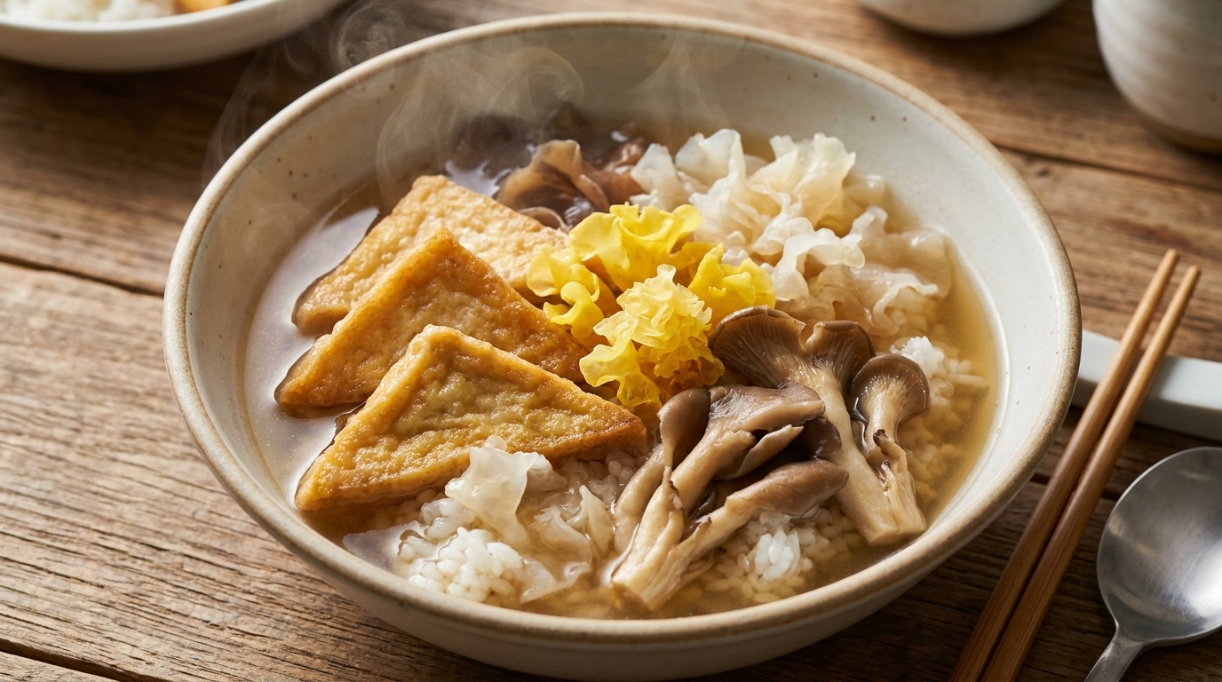 Herzhafte Pilz-Tofu-Suppe aus dem Tontopf