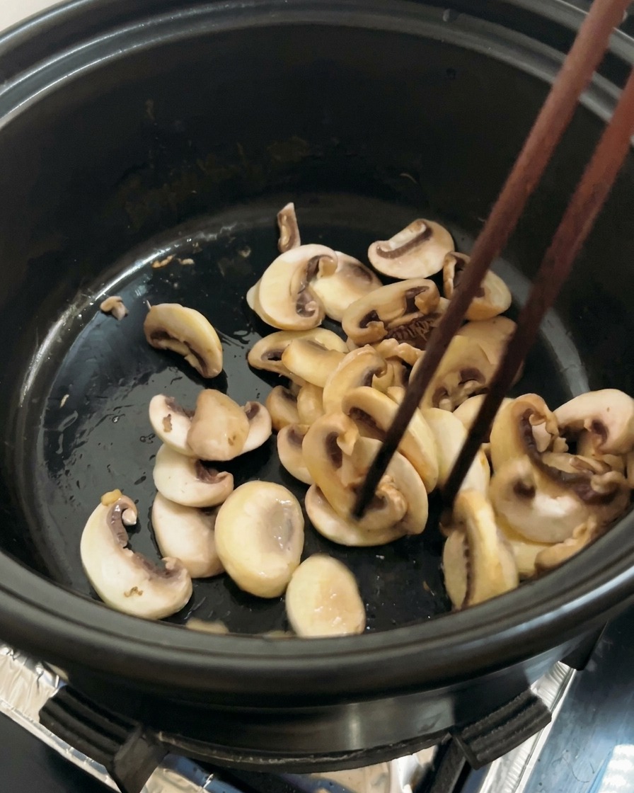 Pilzscheiben werden in einem Topf mit Holzstäbchen umgerührt, bis sie eine goldbraune Kruste haben.