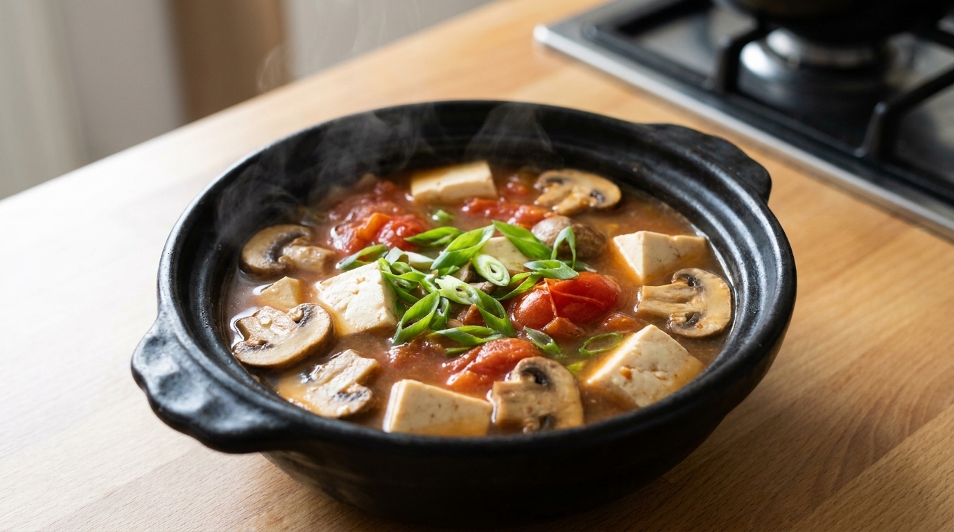 Tomaten-Pilz-Tofu-Suppe