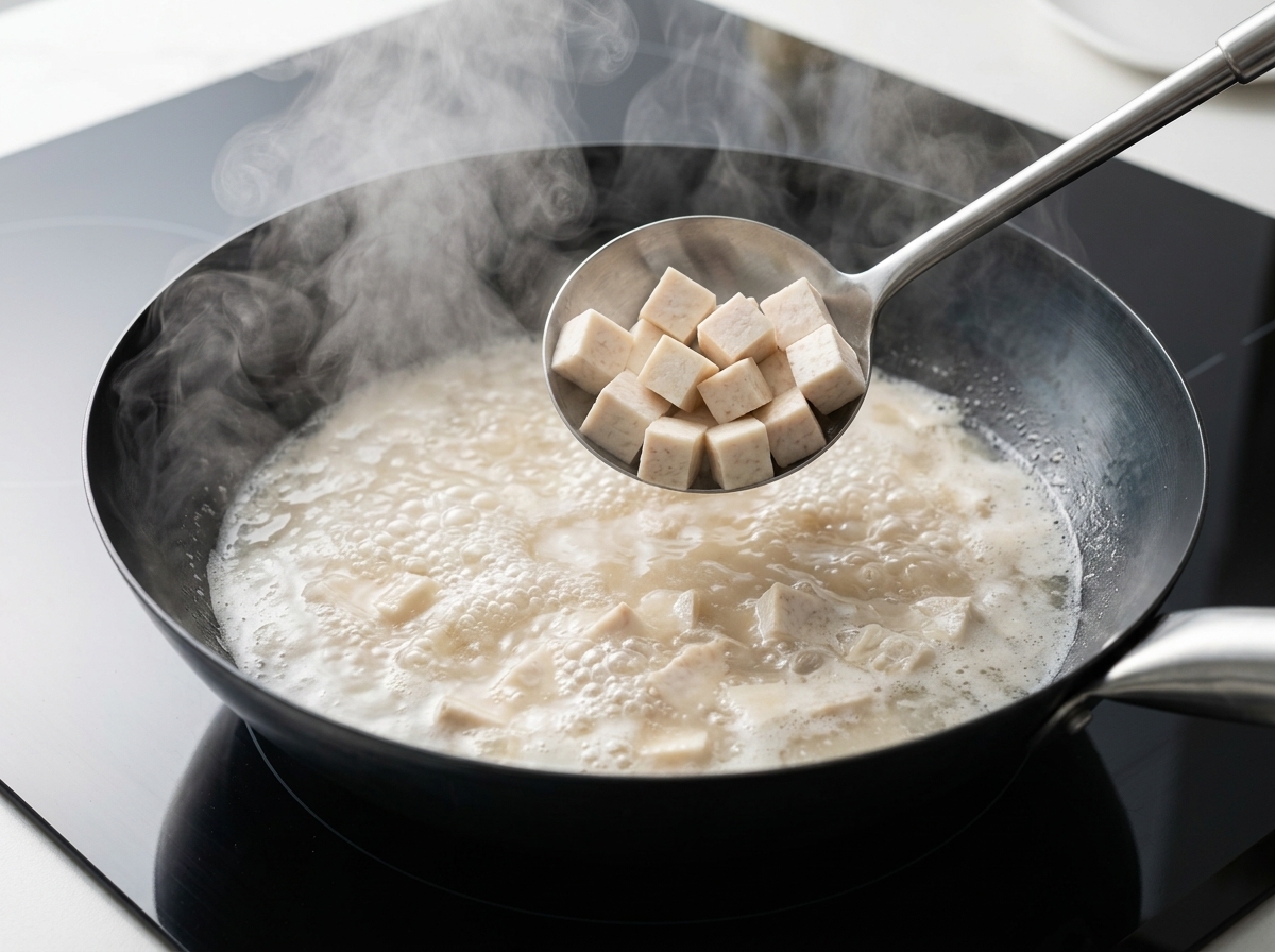 Tofuwürfel köcheln in einer schmackhaften, pilzbasierten Brühe in einem heißen Wok.