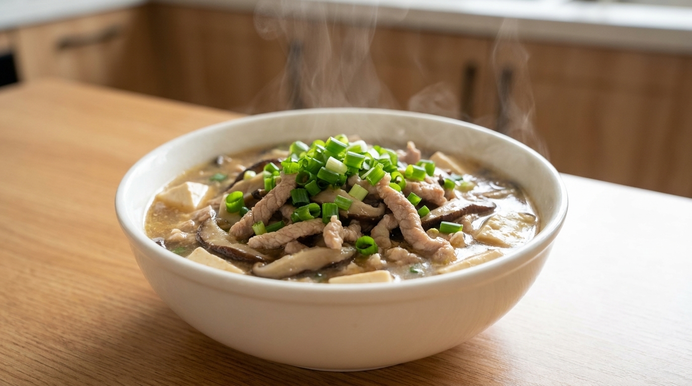 Herzhafte Pilz-Tofu-Suppe mit magerem Schweinefleisch