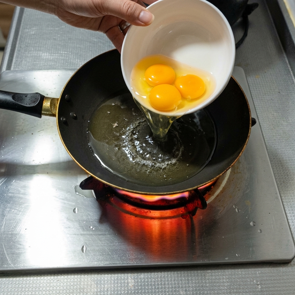 Drei Eier werden in einer heißen Pfanne mit Öl gebraten.
