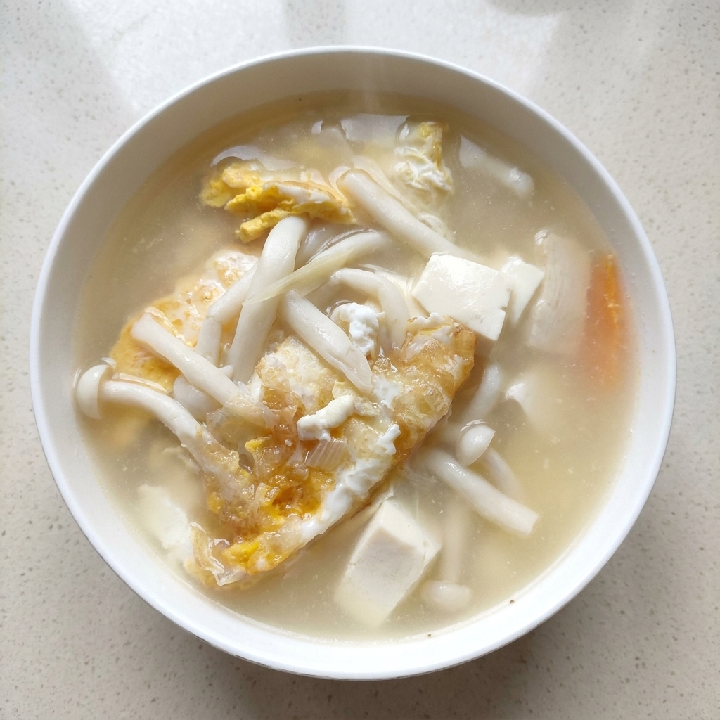Eine herzhafte Suppe sprudelt im Topf mit Jade-Pilzen, Karotten, Tofu und Ei.