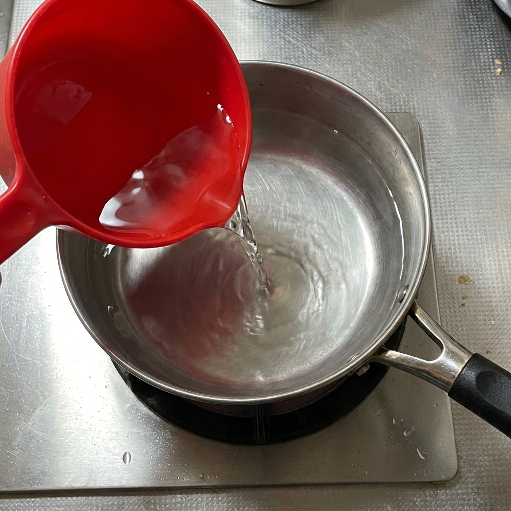 Kochendes Wasser wird in einen Tontopf mit gebratenen Eiern und Gewürzen gegossen.