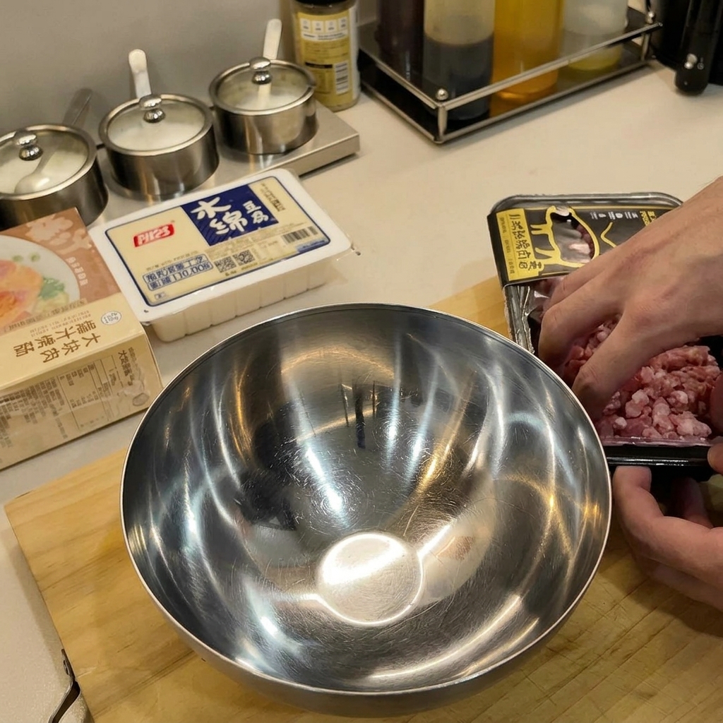 Gewürztes Hackfleisch in einer Edelstahlschüssel bereit zum Vermengen.