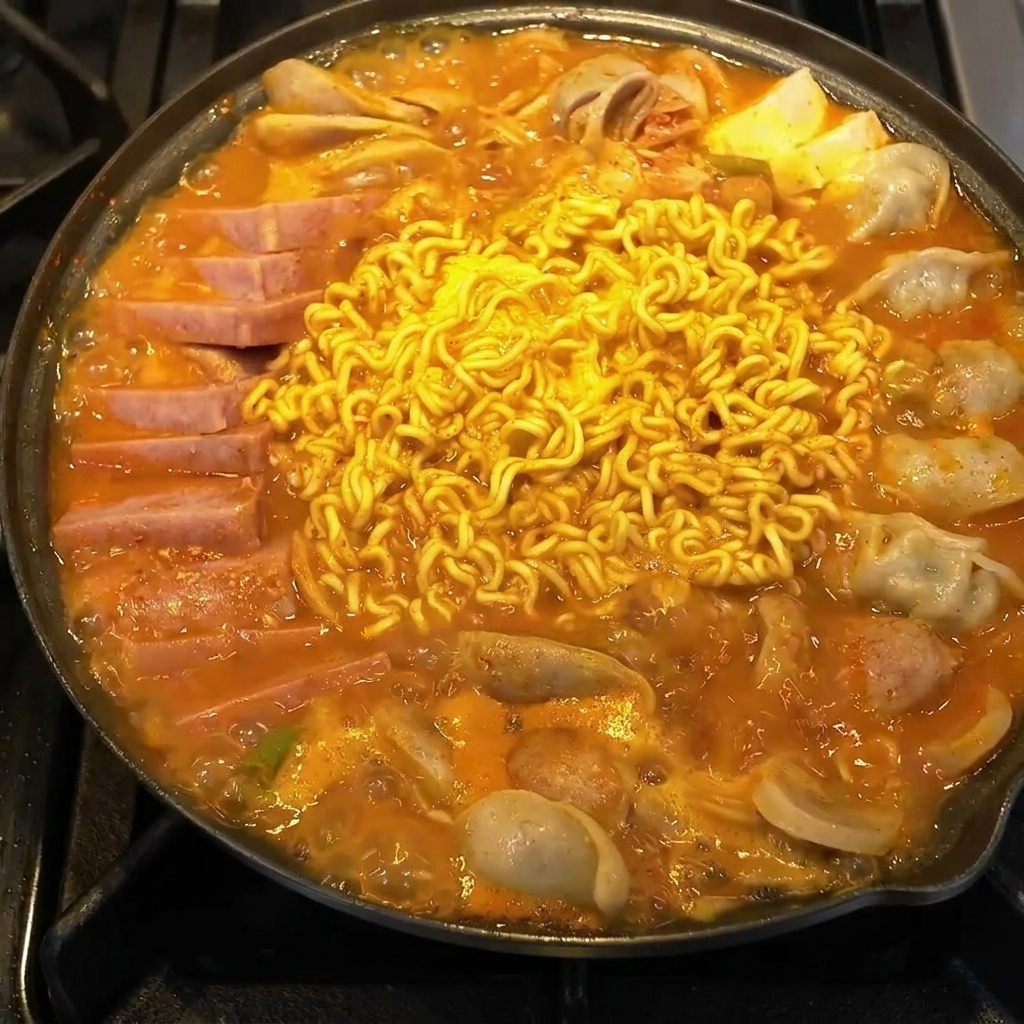Eine Pfanne mit kreisförmig angeordneten Fleisch- und Tofuscheiben.