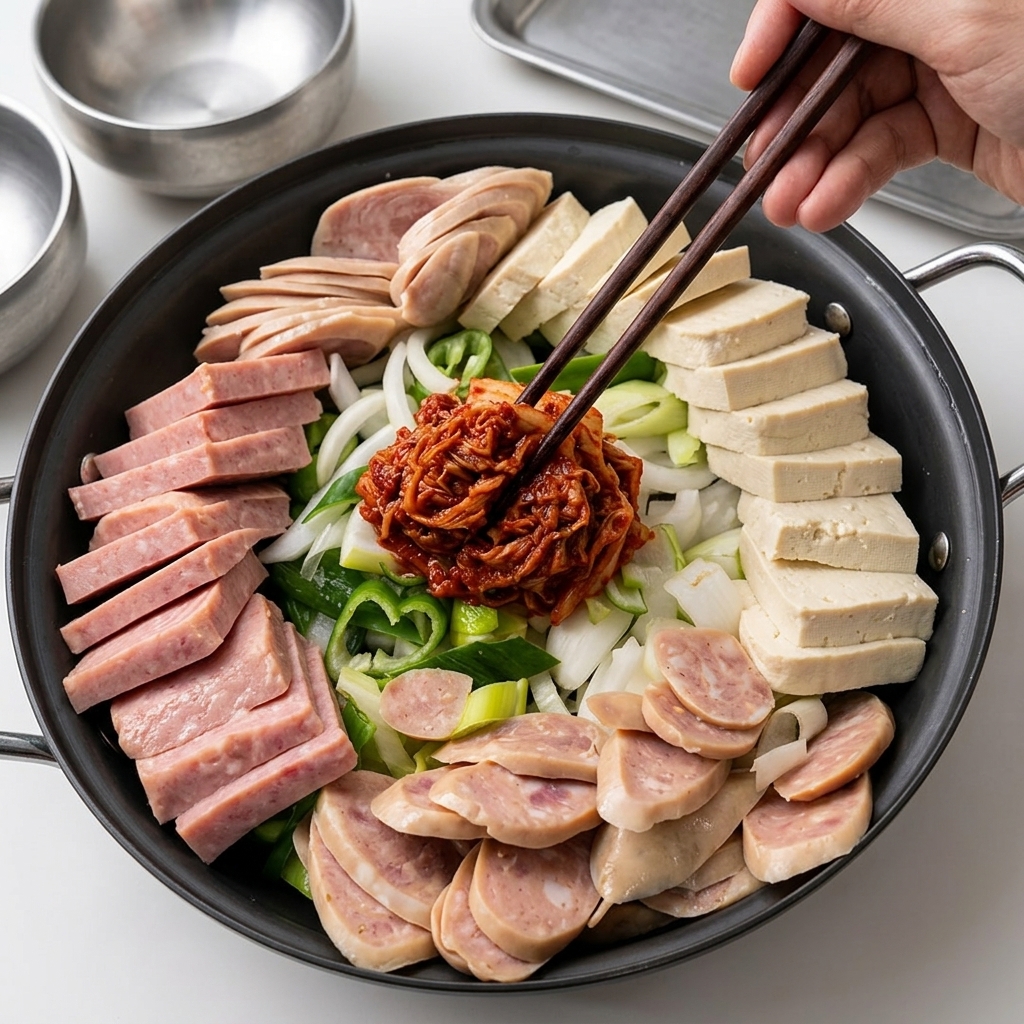 Arrangierte Zutaten in einer Pfanne mit Kimchi, Fleisch und Sauce in der Mitte.