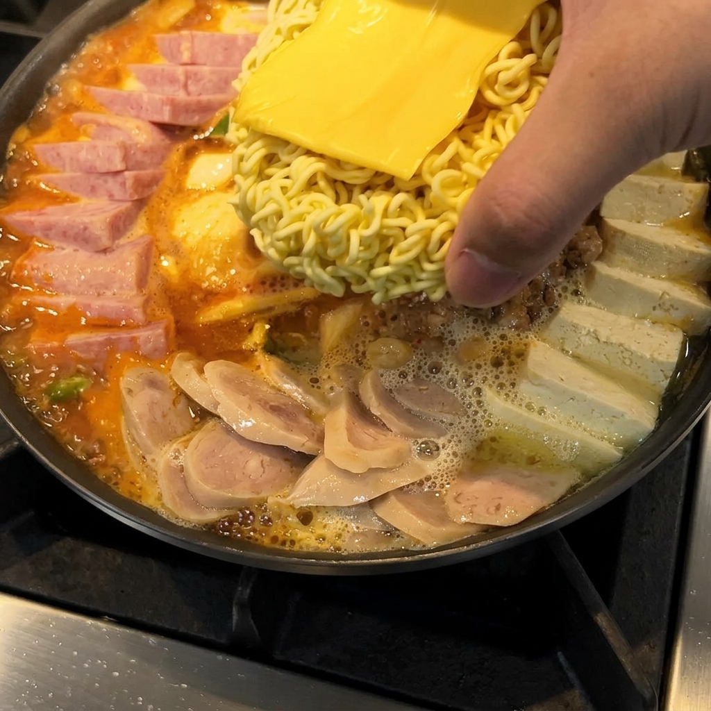 Instantnudeln und eine Scheibe Cheddar in der Mitte des kochenden Eintopfs.