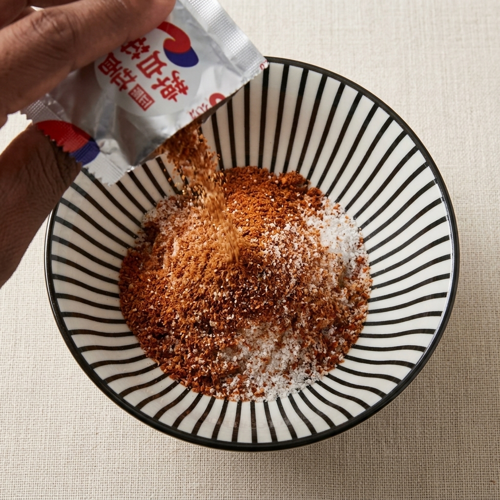 Shin Ramyun Gewürzpulver wird aus einem silbernen Tütchen geschüttet.