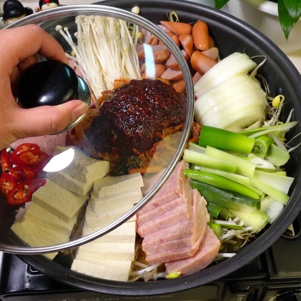 Zwei Blöcke getrocknete Ramen-Nudeln, die in die Mitte eines köchelnden Eintopfs gelegt werden.