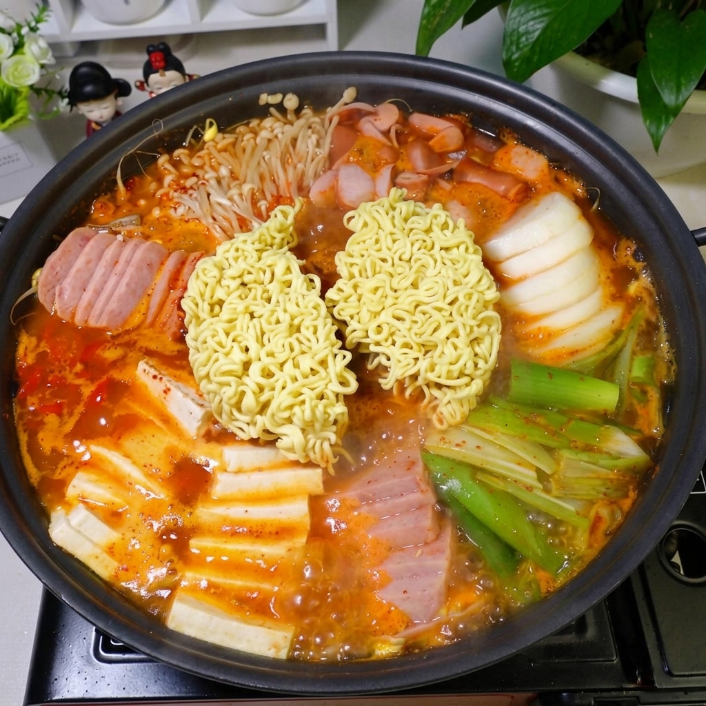 Eine Scheibe gelber Käse schmilzt auf den Ramen-Nudeln im dampfenden Eintopf.