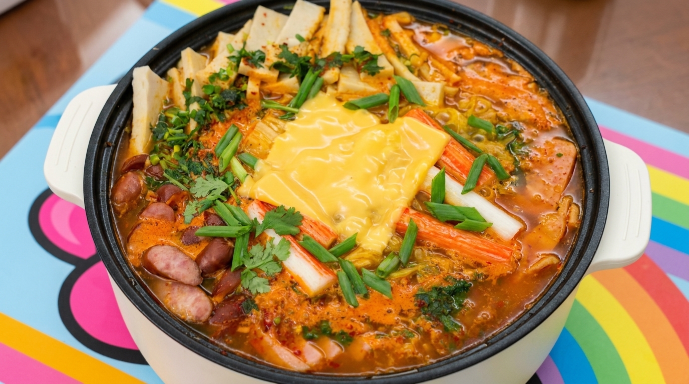 Ein herzhafter, blubbernder Topf koreanischer Armee-Eintopf, geschichtet mit würzigem Fleisch, frischem Gemüse und einer perfekt geschmolzenen Scheibe Käse.