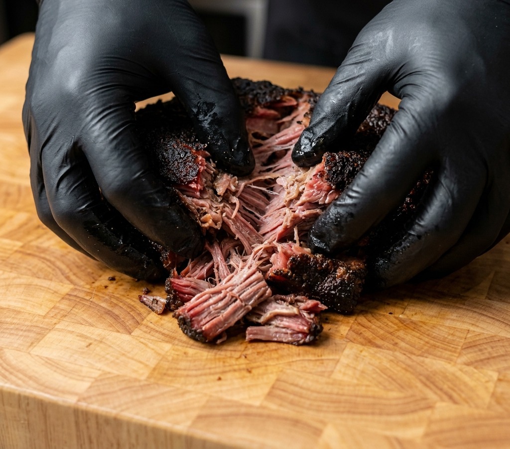Eine Person mit schwarzen Handschuhen zerteilt ein großes Stück dunkel verkrusteten Schweinenacken in rosa Fleischstreifen auf einem Holzbrett.