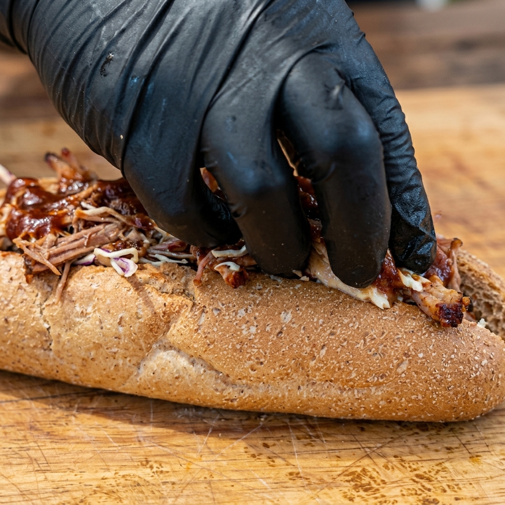 Eine Hand drückt die Pulled-Pork-Füllung fest in ein geröstetes Vollkornbaguette.