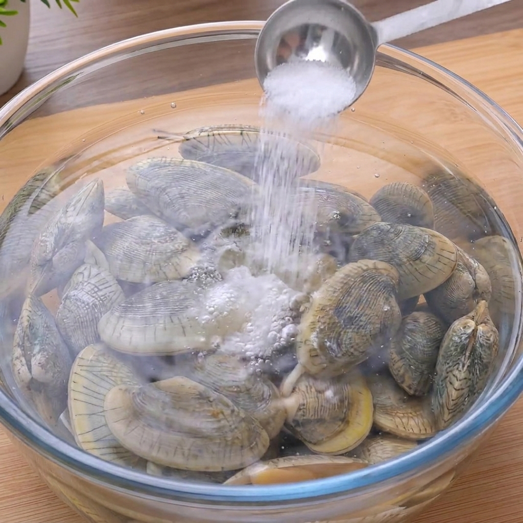 Ein Messlöffel gibt Salz in eine Glasschüssel mit Wasser und rohen Venusmuscheln.